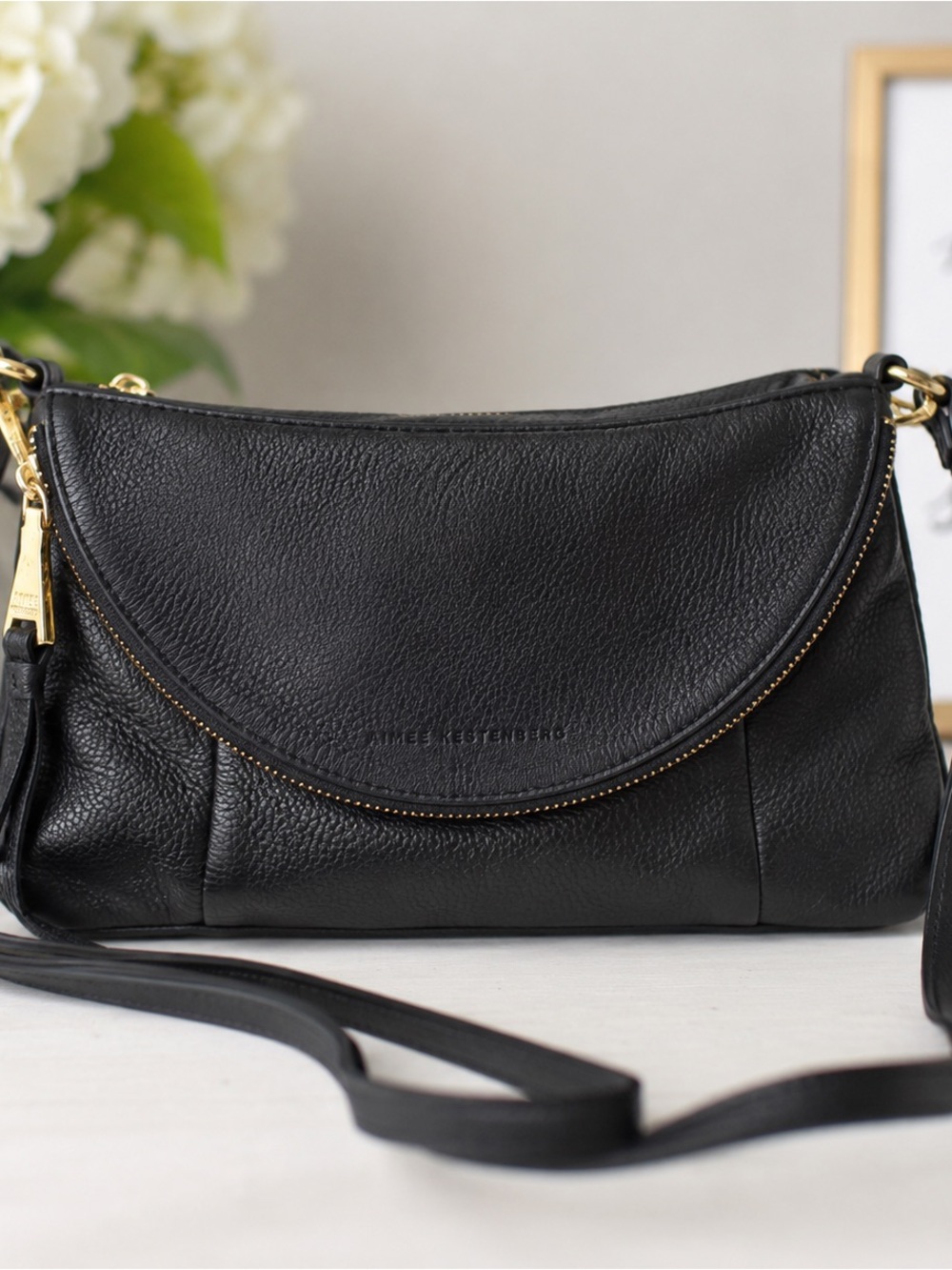 Aimee Kestenberg Black Leather Crescent Crossbody with Gold Hardware